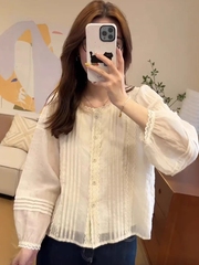 蕾丝圆领花边长袖别致衬衫女韩版2025显瘦洋气百搭时尚上衣打底衫