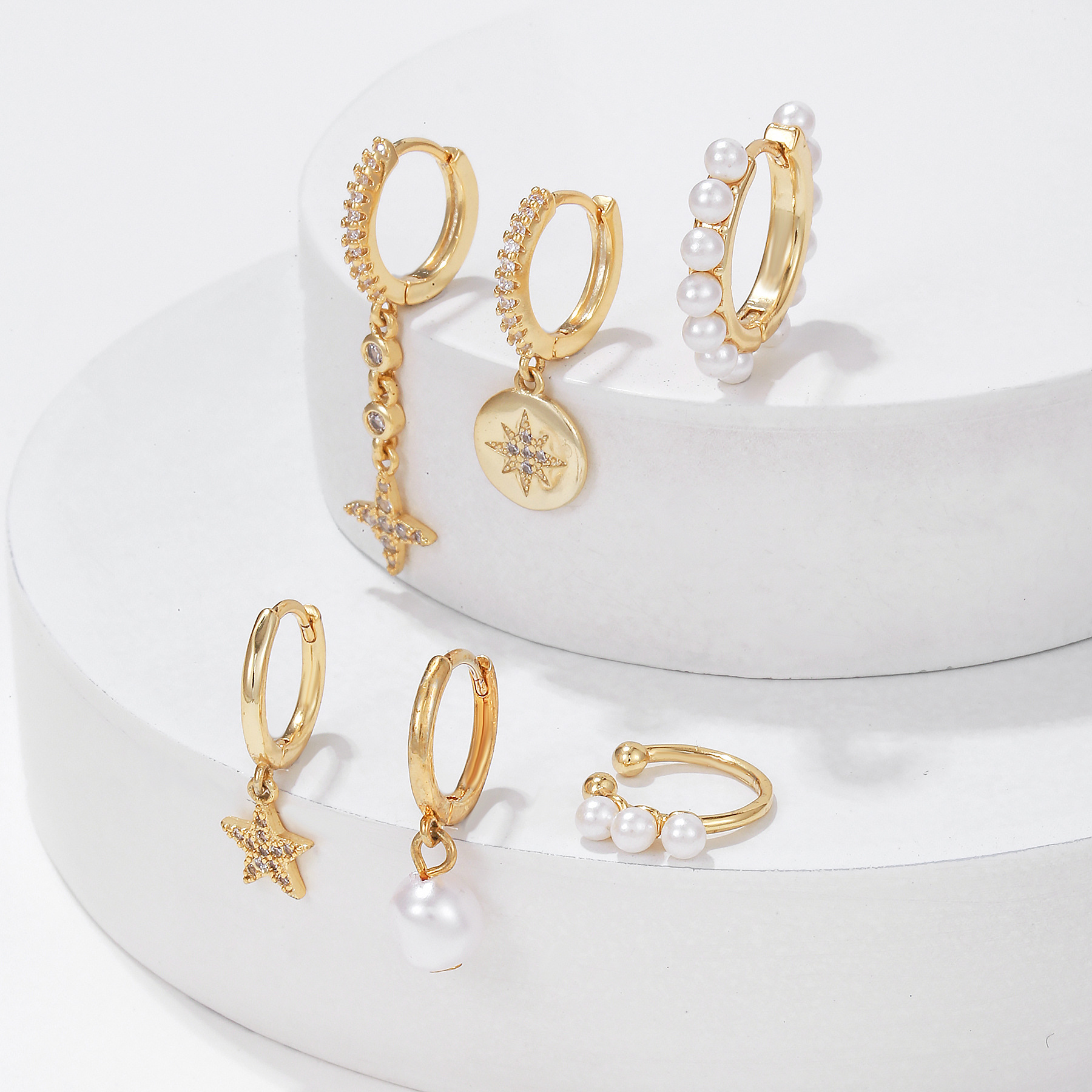 Europa y América transfronteriza nueva perla colgante pendientes diario buen partido pequeño exquisito Awn estrella pendientes de seis piezas pendientes conjunto