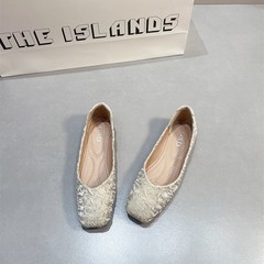プリーツ加工の浅口スクエアトゥシューズ、春と秋のスカートに合うフラットシューズ、フラットシューズ、おばあちゃん靴、豆豆シューズ、レディースシューズ、ピュアカラー