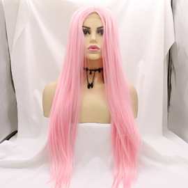 假发粉色小蕾丝化纤蕾丝假发中分长直发头套 lace wigs 一件代发