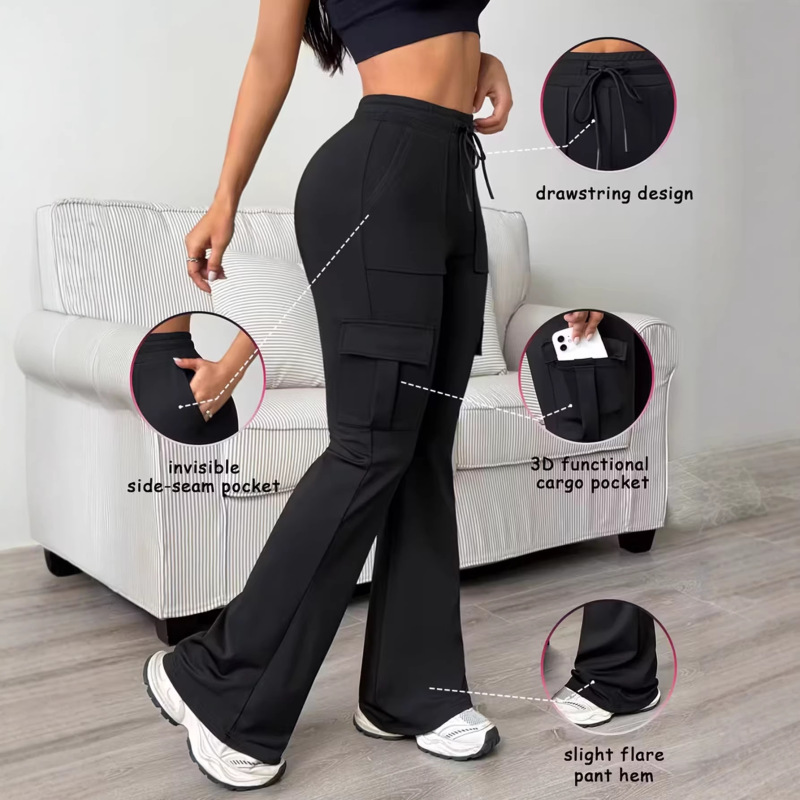 European and American Style High-Waisted Drawstring Flared Cargo Pants Wide-Leg Pants Health Fabric Women's Long Pants Comfortable Casual