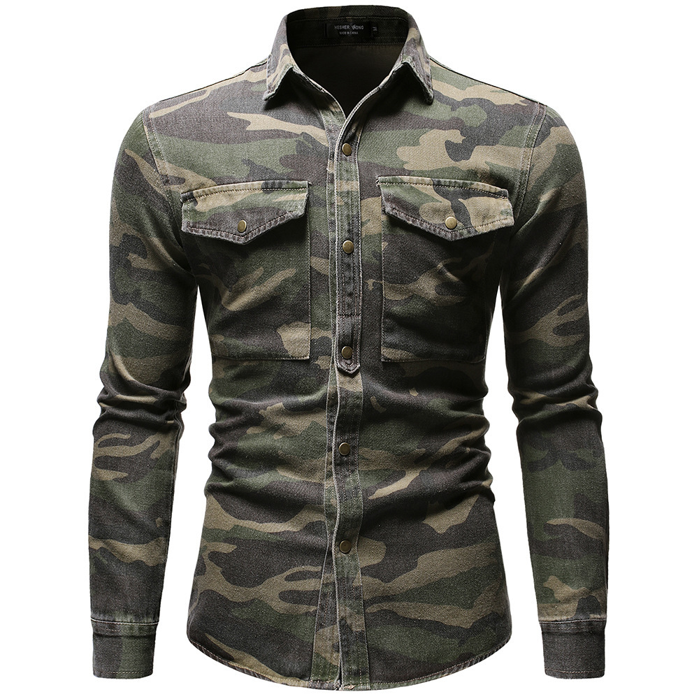 Nuova camicia da uomo a maniche lunghe in denim mimetico verde, modello 2024, stile militare europeo e americano a maniche corte._voghion.com