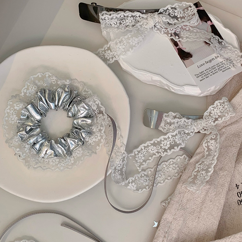 ins nicho dulce cool plateado encaje anillo de cabello larga correa de alto elástico cabeza detrás de la cabeza cabello de cabello