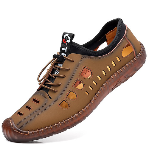 2024 new summer men's hollow sandals, tendon soft-soled casual shoes, breathable soft leather handmade clogs