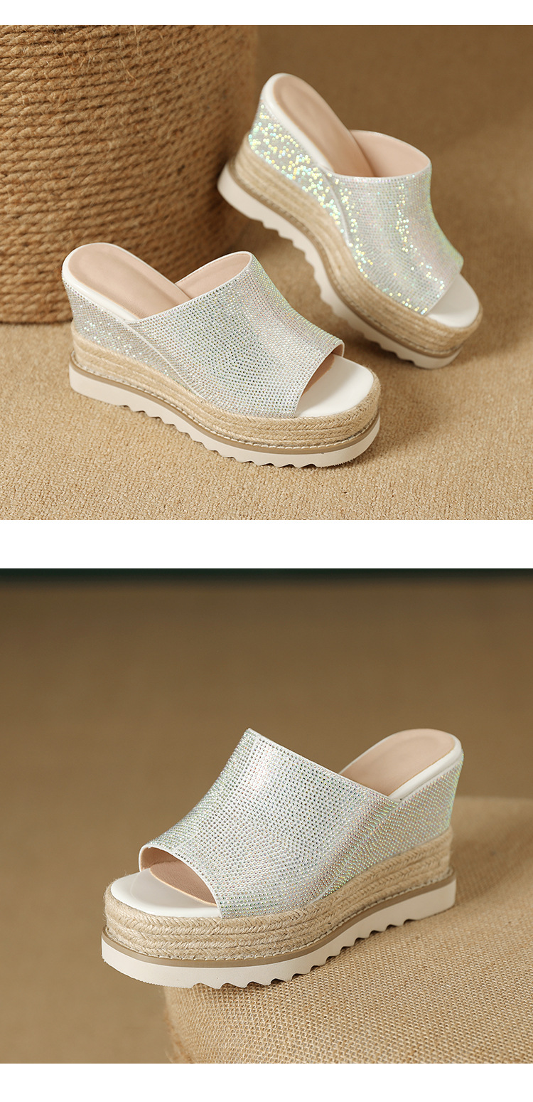 Sandal cao gót nữ đế xuồng đan rơm mũi hở đính đá — màu hồng nhạt, bạc chi tiết 11