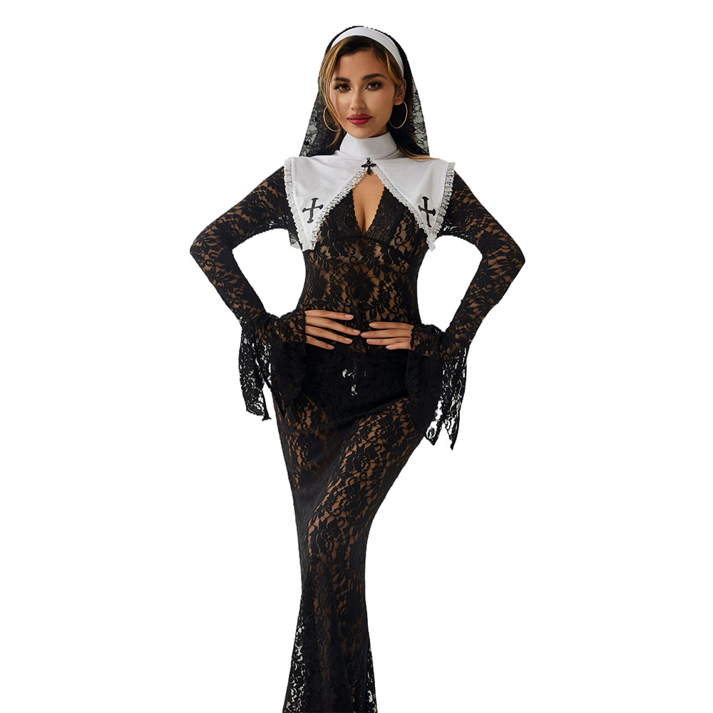 Halloween Pure Desire Nun Costume Sexy Royal Sister Lace Long Skirt Nightclub Queen Nun Suit Cosplay Costume
