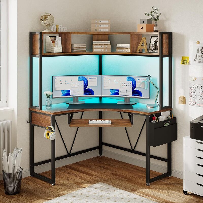 Corner Table, Small Computer Desk with Cubby and Led Lights, Triangular Corner Computer Desk, with Keyboard Tray Corner Table, Small Computer Desk with Cubby and Led Lights, Triangular Corner Computer Desk, with Keyboard Tray