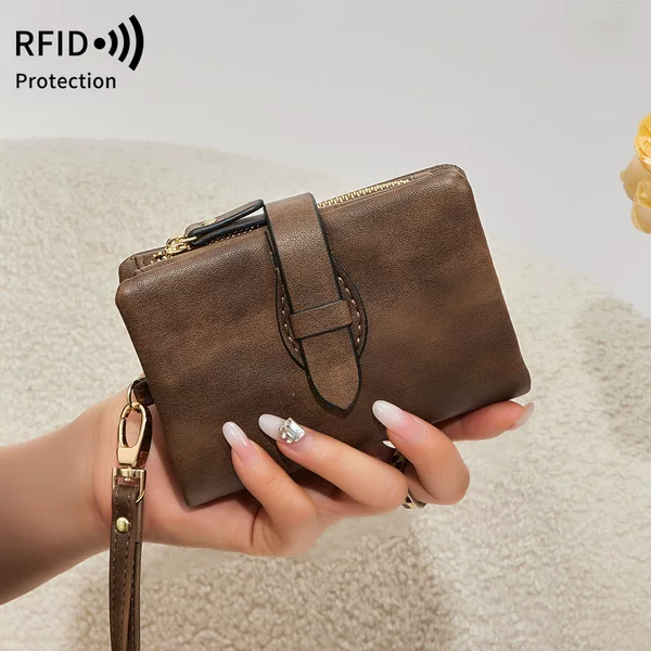 Cross-Border New Rfid Women's Wallet Pu Soft Leather 70% off Short Wallet Retro Fashion Zipper Buckle Coin Purse