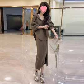 大码女装春秋冬季慵懒风胖妹妹连帽卫衣半身裙穿搭二件套-斤