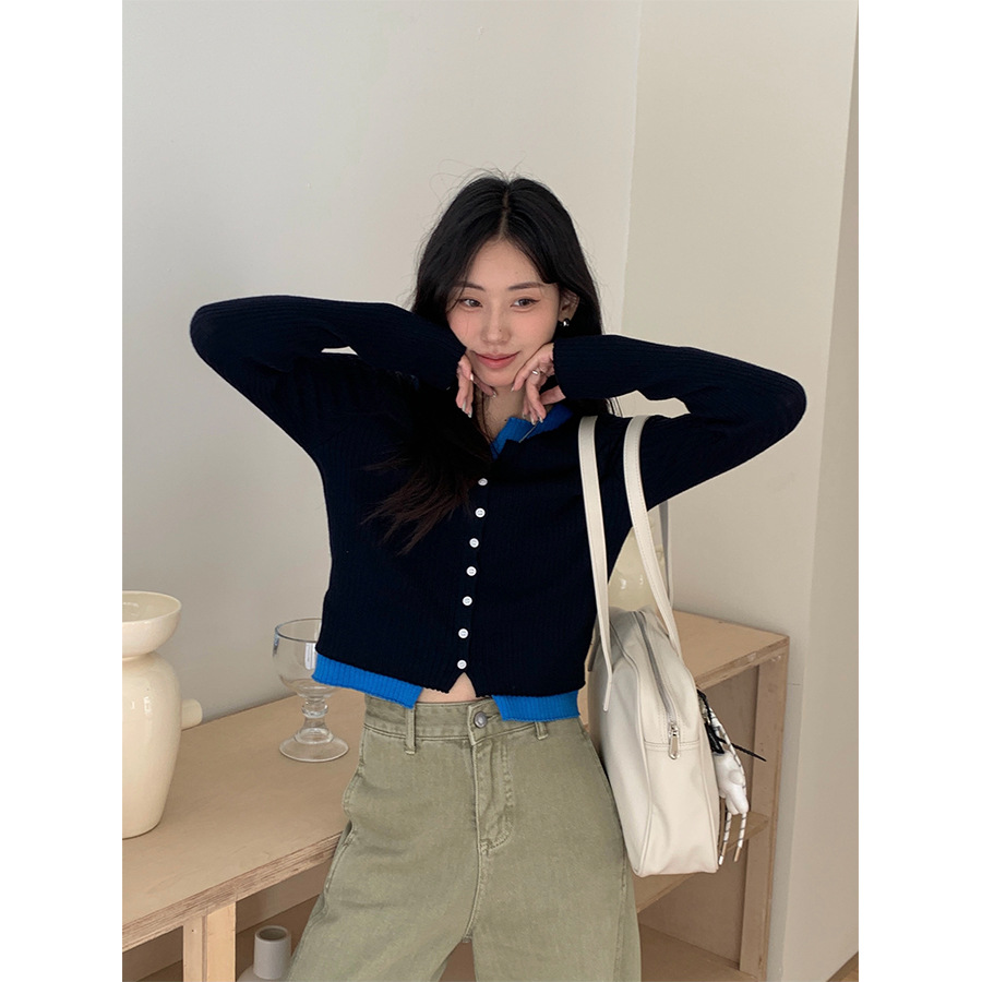 黄峥小个子假两件拼色针织开衫女2025秋季韩系修身显瘦毛衣530074