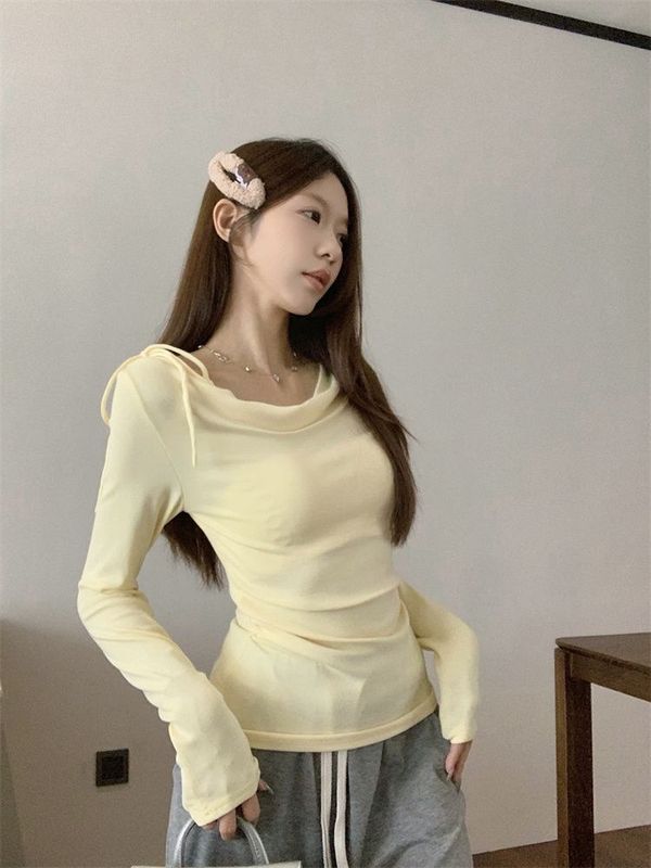 韩系纯欲风一字肩荡领粉色打底衫女秋气质减龄系带蝴蝶结T恤上衣|undefined