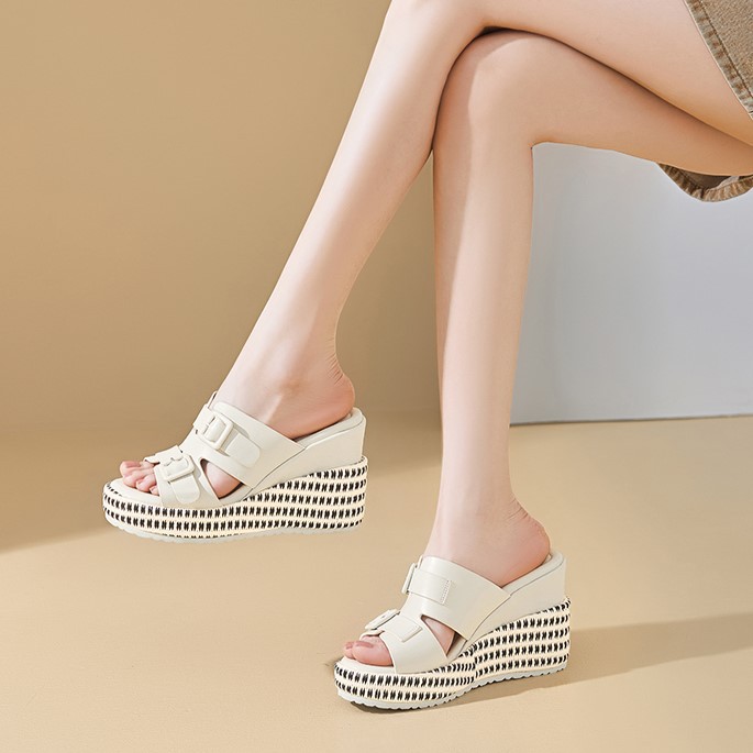 Sandal cao gót nữ đế xuồng da thật quai khóa mũi hở — màu đen, màu nâu nhạt, Trắng kem-