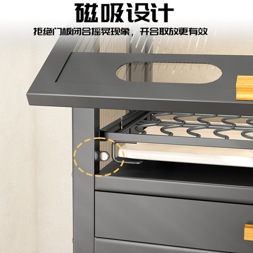 Dustproof bowl and dish storage rack with flip-up countertop plate, utensil, and condiment cabinet, kitchen microwave high-leg shelf