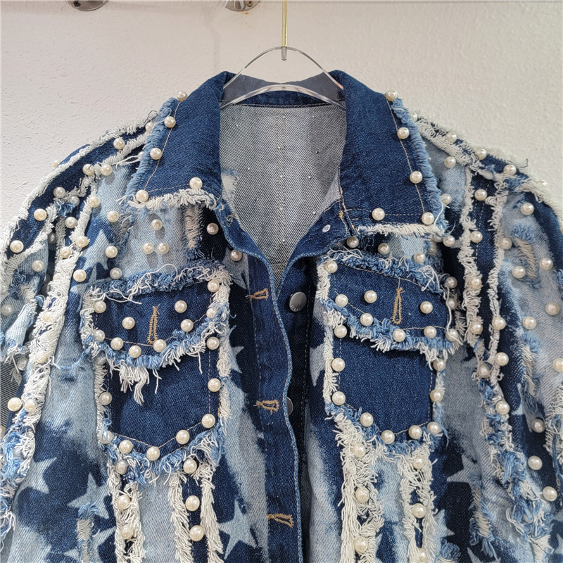 El sentido del diseño europeo y americano 2024 otoño nuevo estilo irregular bordes de polipas de clavos pesados cuentas retro caliente jeans caballo clips mujeres
