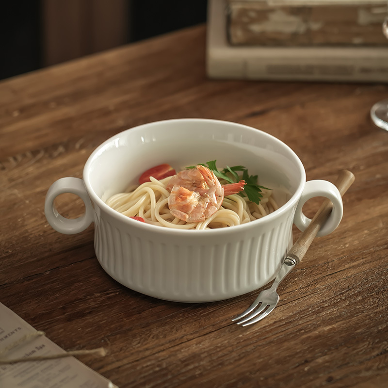 [Simple y práctico] Tazón de orejas de cerámica de patrón vertical coreano Tazón de fideos instantáneos de color sólido Tazón de bibimbap Tazón de ensalada de frutas