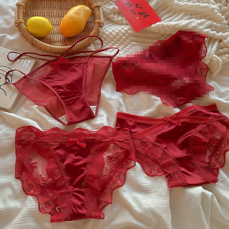 Benmingnian Red Panties Angla Red Sexy High Luxury Satin Lace Panties Women's Pure Attraction Panties