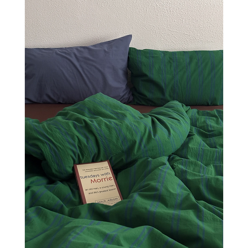 Vintage-style Retro Striped Cotton Bedding Set Blue And Green_voghion.com