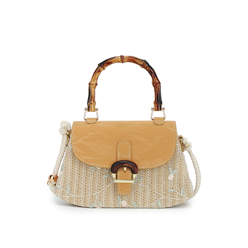 Bolso de hombro para mujer, estilo pastoral, bolso de mano con mango de bambú tejido de paja, bolso de mensajero de playa de bosque fresco y dulce