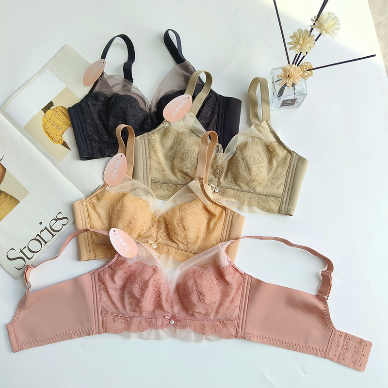 Fashion contrast color lace big chest small bra rabbit ears air conditioning Crystal Cup collagen sexy ultra-thin underwear