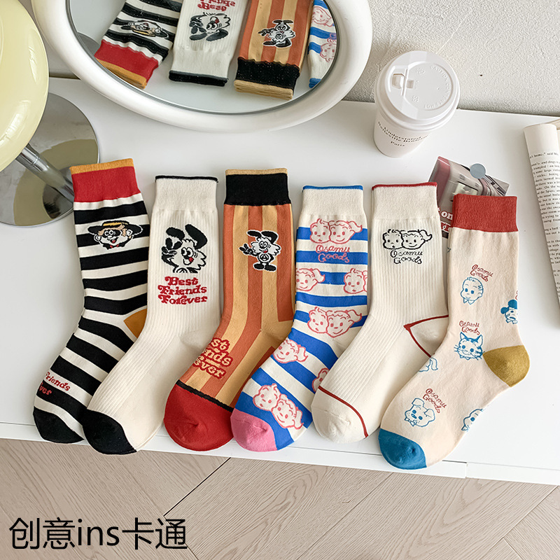 Cross-Border Socks for Women Cotton Spring and Autumn New Creative Cute Cartoon Mid-Calf Women's Socks Cartoon Striped Cotton Socks Wholesale