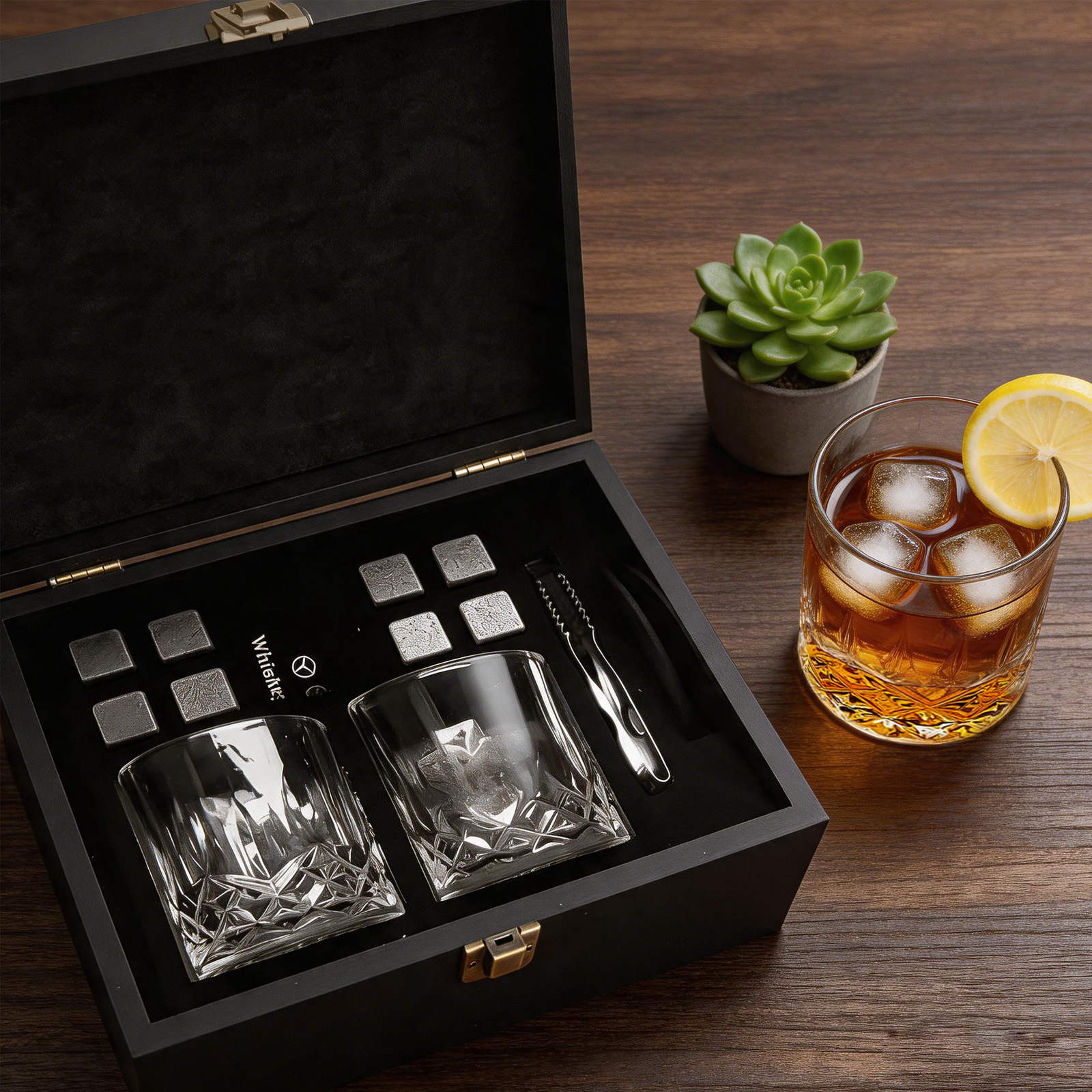 Caja de madera de cristal de whisky de vino de hielo transfronterizo caja de regalo de piedra de hielo de alto grado