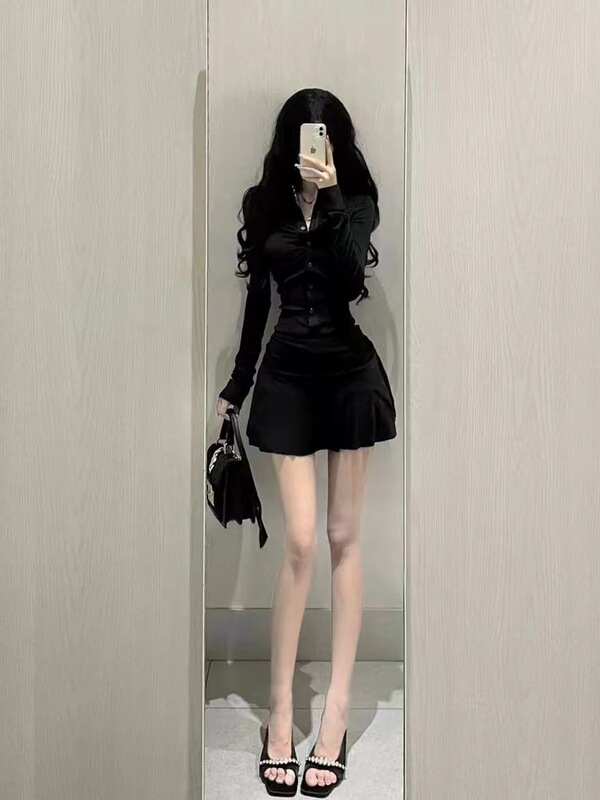 纯欲收腰褶皱短款衬衫连衣裙女秋季美式运动风polo领收腰减龄伞裙|undefined