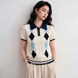 时尚潮流POLO衫撞色菱格纹短袖针织衫女026夏季新款翻领休闲上衣
