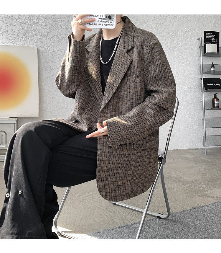 American Retro Houndstooth Blazer For Men Oversized Plaid Jacket_voghion.com
