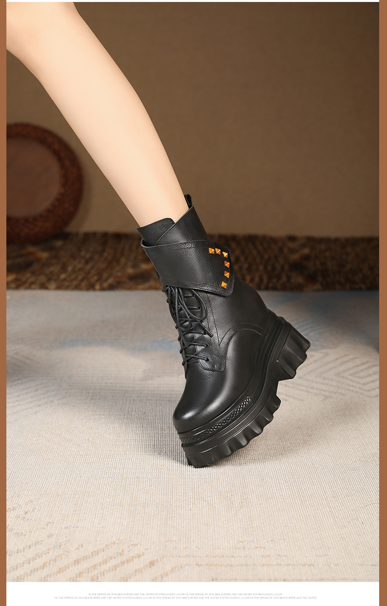 Boot Martin đinh tán cổ cao đế dày độn bên trong gót 10 cm — Màu đen lót nhung chi tiết 6