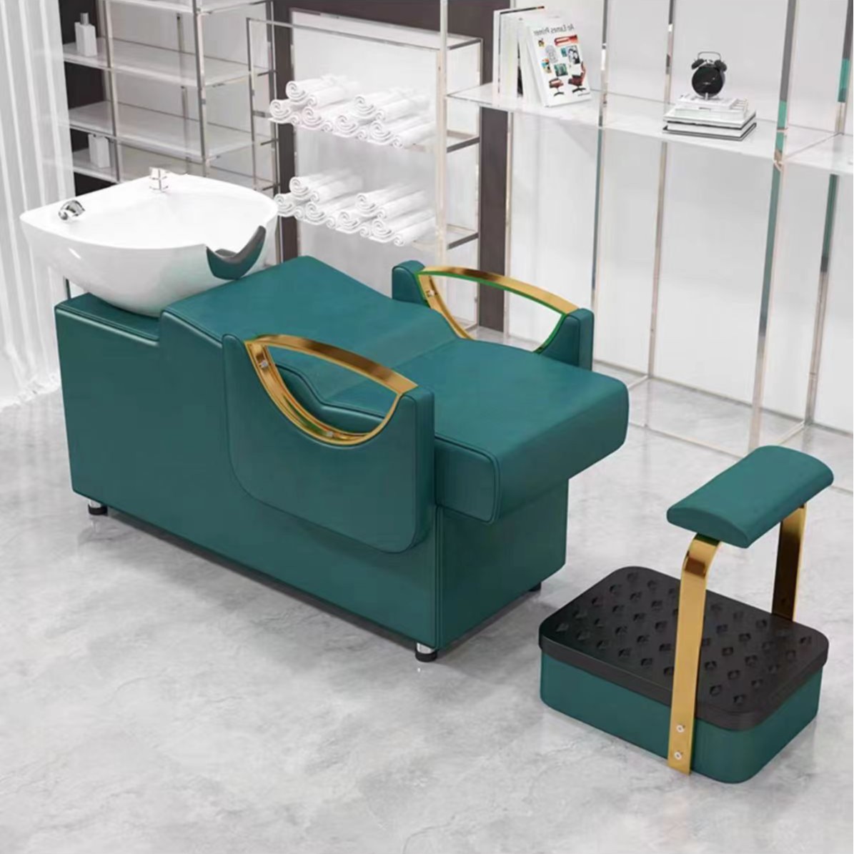 Cama de lavado de cabello para peluquería con reposapiés, lavabo de cerámica, cama de lavado de cabello semireclinable para peluquerías, cama de masaje y peluquería.