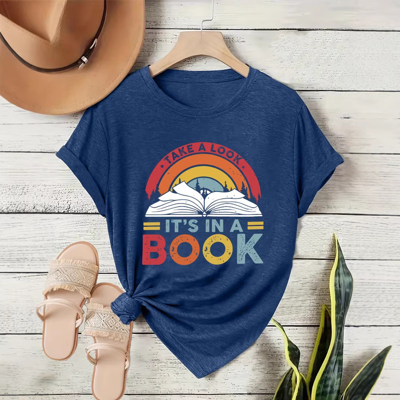 Look, It's in a Book! Printed Fashion Retro Style Women's Summer Casual Sports Style Round Neck Short-Sleeved T-Shirt Look, It's in a Book! Printed Fashion Retro Style Women's Summer Casual Sports Style Round Neck Short-Sleeved T-Shirt