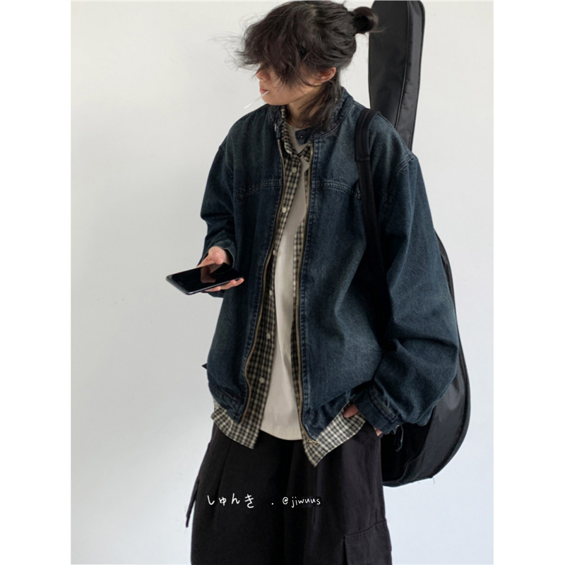 Spring and Autumn Japanese Retro Washed Denim Jacket for Men and Women, Vintage Boyfriend Style, Loose Versatile Casual Stand Collar Jacket Trendy