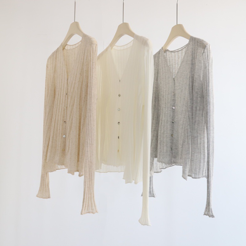 Tianshuang Linen Buttonless Ribbed Knit Sun Protection Air-Conditioning Cardigan + V-Neck Sleeveless Vest Hollow-Out Two-Piece Set