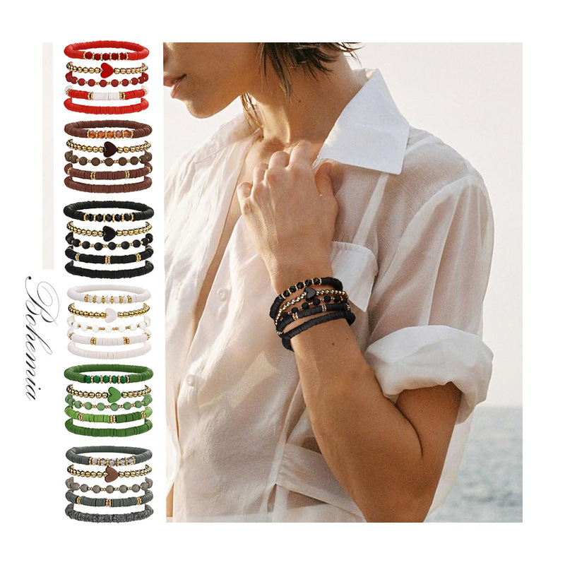 Beaded stretch bracelet women's stackable gold polymer clay bead bracelet bohemian bracelet suit