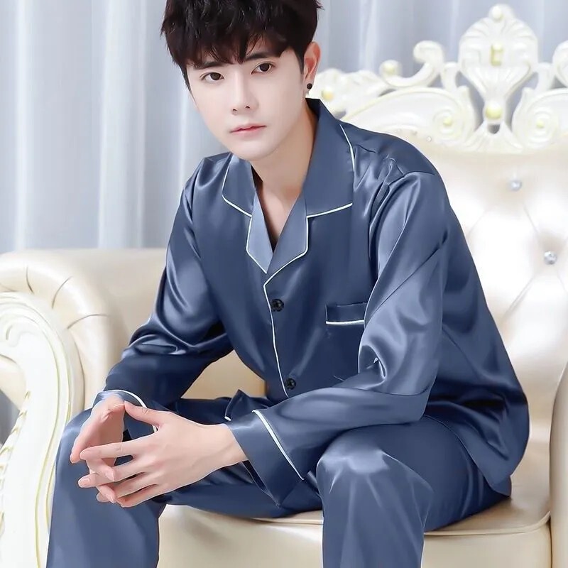 Men's Ice Silk Pajamas, Spring and Autumn Style, Long-Sleeved and Long-Pants Set, Faux Silk Loungewear, High-End Men's Sleepwear