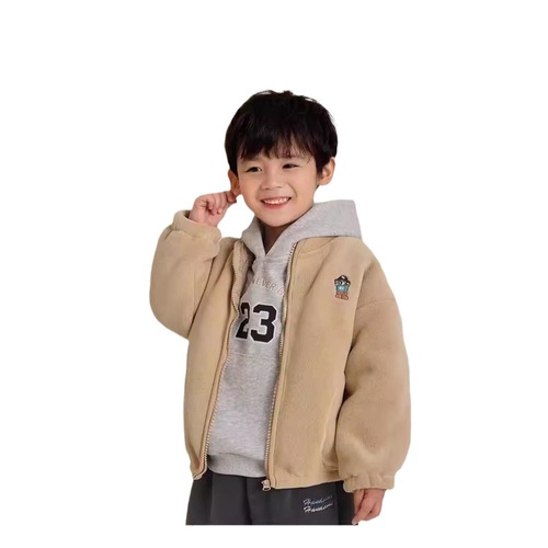Children's solid color embroidery coat with alpaca wool composite, quilted and thickened, autumn and winter medium and small children's clothing, stand-up collar, open jacket for children.