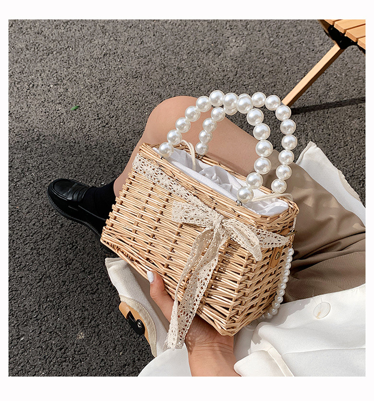 New Trendy Fashion Pearl Handbag Woven Vegetable Basket Bag Messenger Bag 22*14*11cm display picture 3