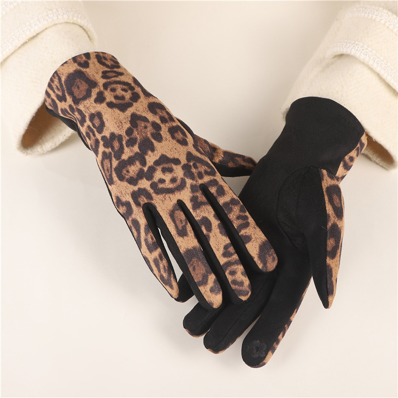 Europa y América leopardo estampado guantes de seda mujeres ins estilo de diseño de moda buena combinación de guantes de conducción de ciclismo más grueso