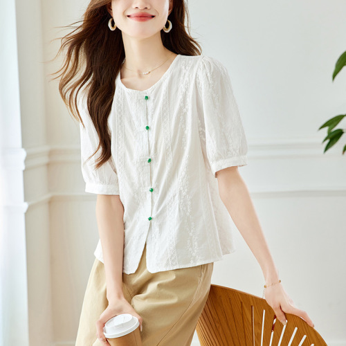 Cotton Cocoon Short Sleeve Jade Button Embroidered Women's Summer Thin Commuting Unique Niche Small Women's Top