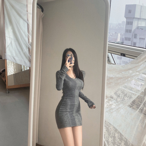 Threaded Pit Bar, Versatile V-Neck Women's Spring and Autumn Elegant Long Sleeve Top, Slip Dress