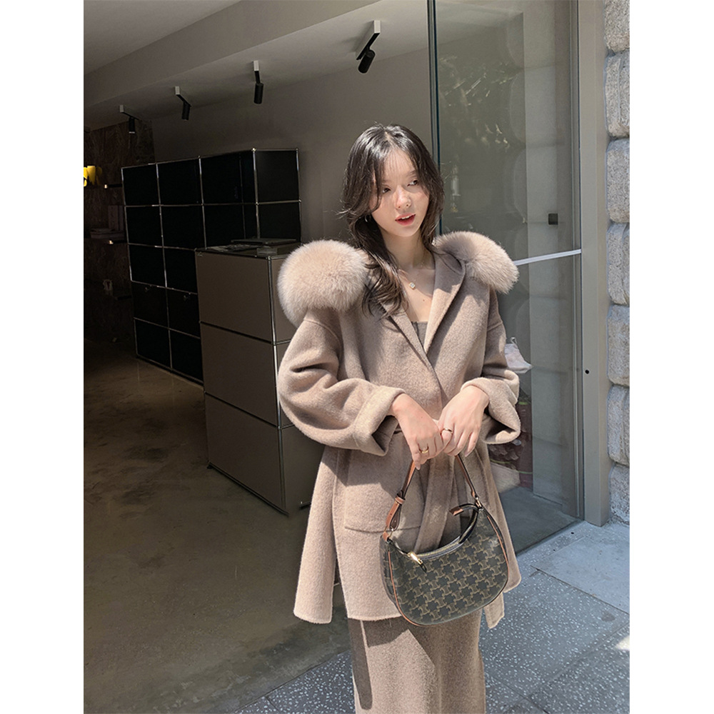 Women's Clothing Luxury Double-Faced Wool Coat With Genuine Fox Fur Collar - Handcrafted Winter Outerwear For Women (Available With/without Cuff Fur)_voghion.com