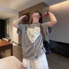 韩系系带蝴蝶结爱心印花灰色短袖t恤女夏季宽松慵懒风设计感上衣