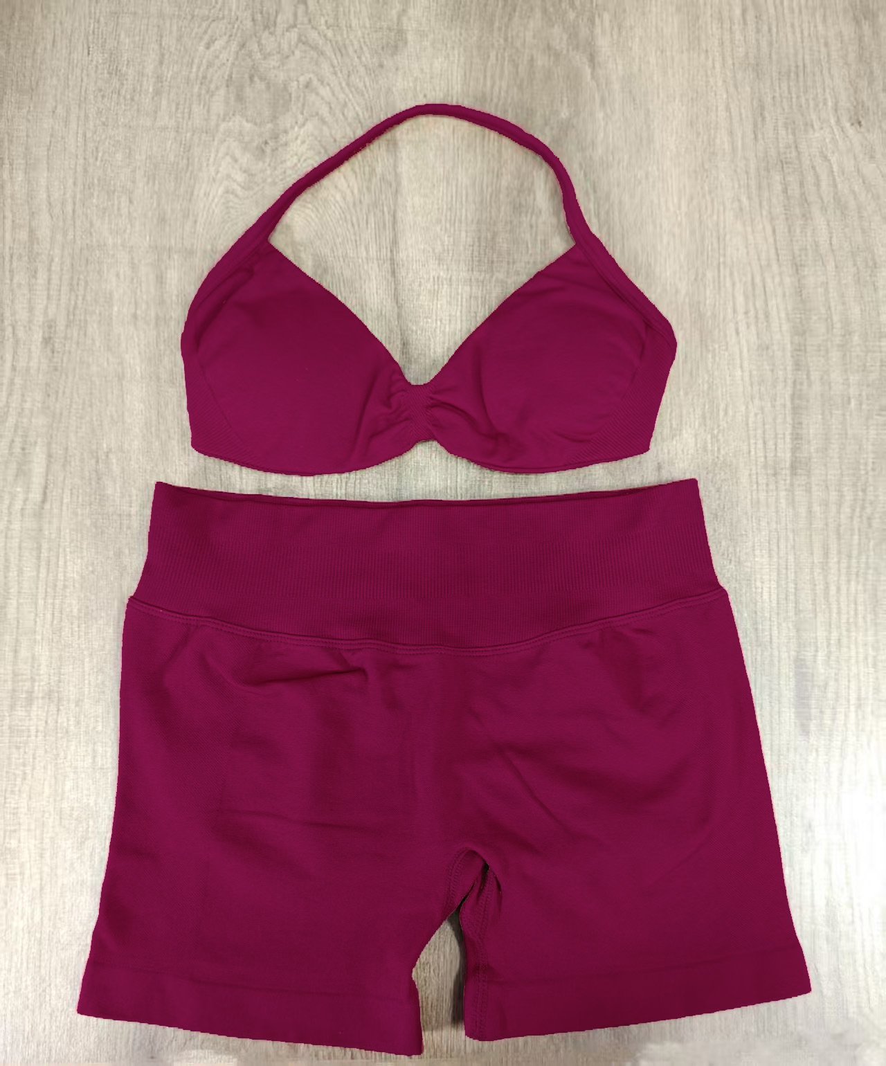Conjunto DF Amazon pantalones cortos explosivos sujetador pequeño alto elástico superfino nailon halter cuello hermoso chaleco deportivo trasero