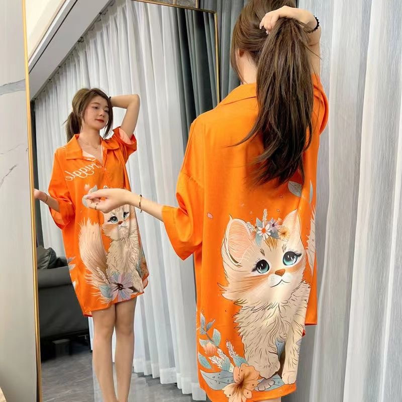 Nightgown for Women, Summer Shirt, New Style, Ice Silk, Thin, Short-Sleeved, Sweet Pajamas, Sexy Loose-Fitting, Large Size Home Wear Nightgown for Women, Summer Shirt, New Style, Ice Silk, Thin, Short-Sleeved, Sweet Pajamas, Sexy Loose-Fitting, Large Size Home Wear