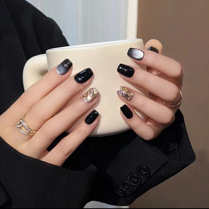 ins style manicure short sweet cool black cat eye white hot wear nail beauty piece removable fake nail piece