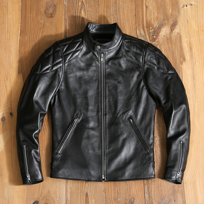 First Layer Cowhide Leather Jacket Men's Motorcycle Jacket Stand Collar Slim Short Youth Leather Jacket Trendy