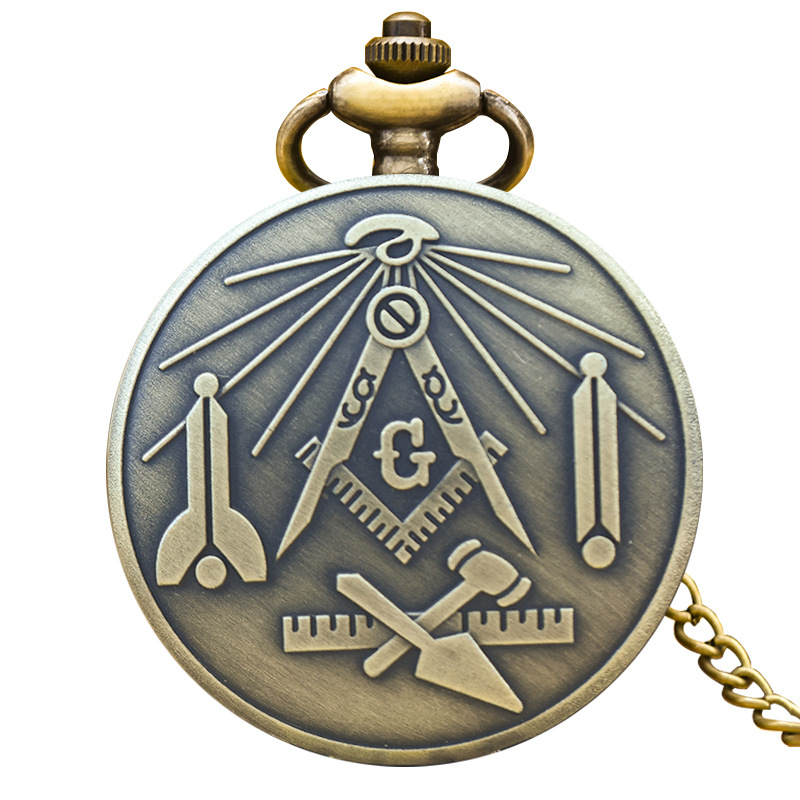 Cross-border supply wholesale quartz bronze large pocket watch Masonic logo vintage flip necklace hanging watch wholesale
