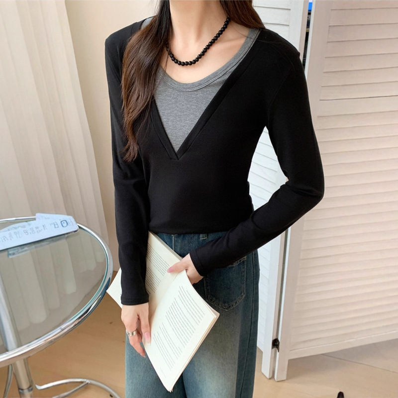 撞色拼接假两件长袖t恤男女2025秋季新款修身显瘦休闲上衣打底衫|undefined