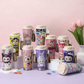 拉布布卡通图案不锈钢保温杯便携双饮咖啡杯水杯批发吸管便携式