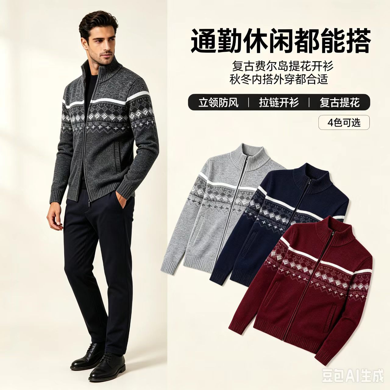 Cárdigan ajustado de jacquard para hombre, estilo casual, para otoño e invierno, de manga larga, urbano, cómodo para el día a día, tejido transpirable.